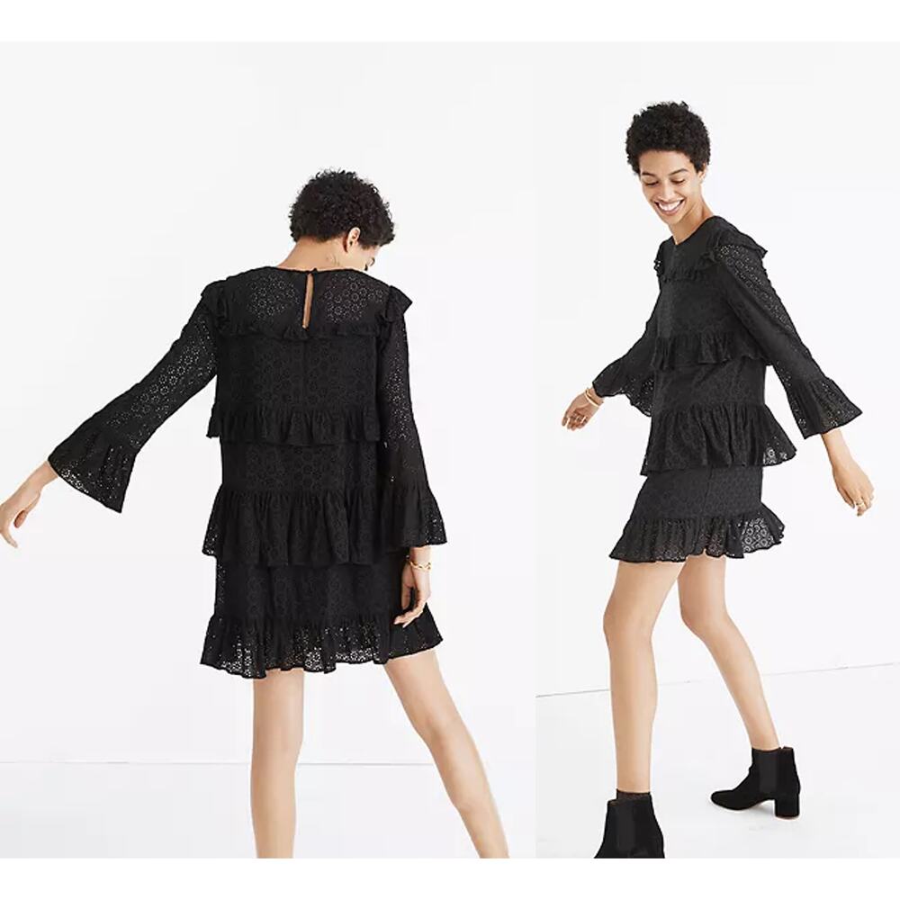 Madewell Women 4 Black Mini Dress Eyelet Lace Waterlily Ruffle Sleeve Tier Skirt